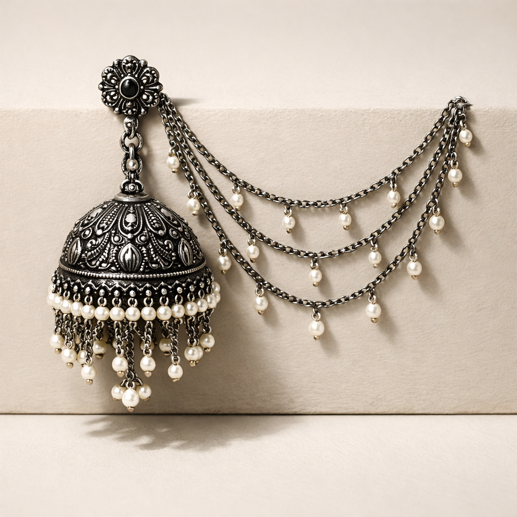 Premium Oxidized Silver Bahubali Jhumka Earrings with Layered Ear Chains (Sahara)