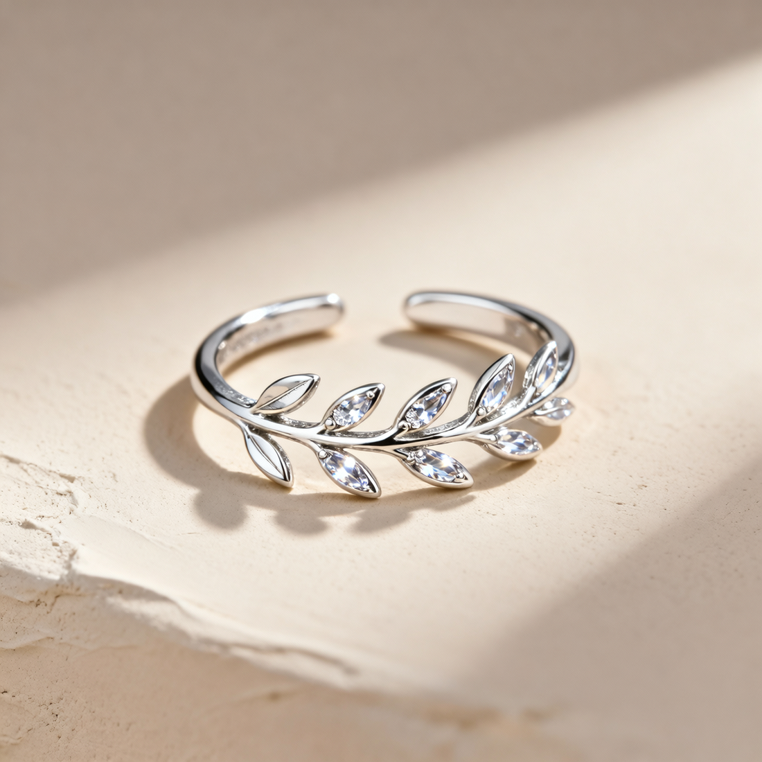 Premium Silver Olive Branch Marquise Crystal Open Ring