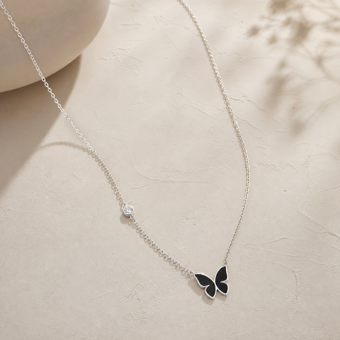 Minimalist Silver Black Enamel Butterfly Necklace with Crystal Accent