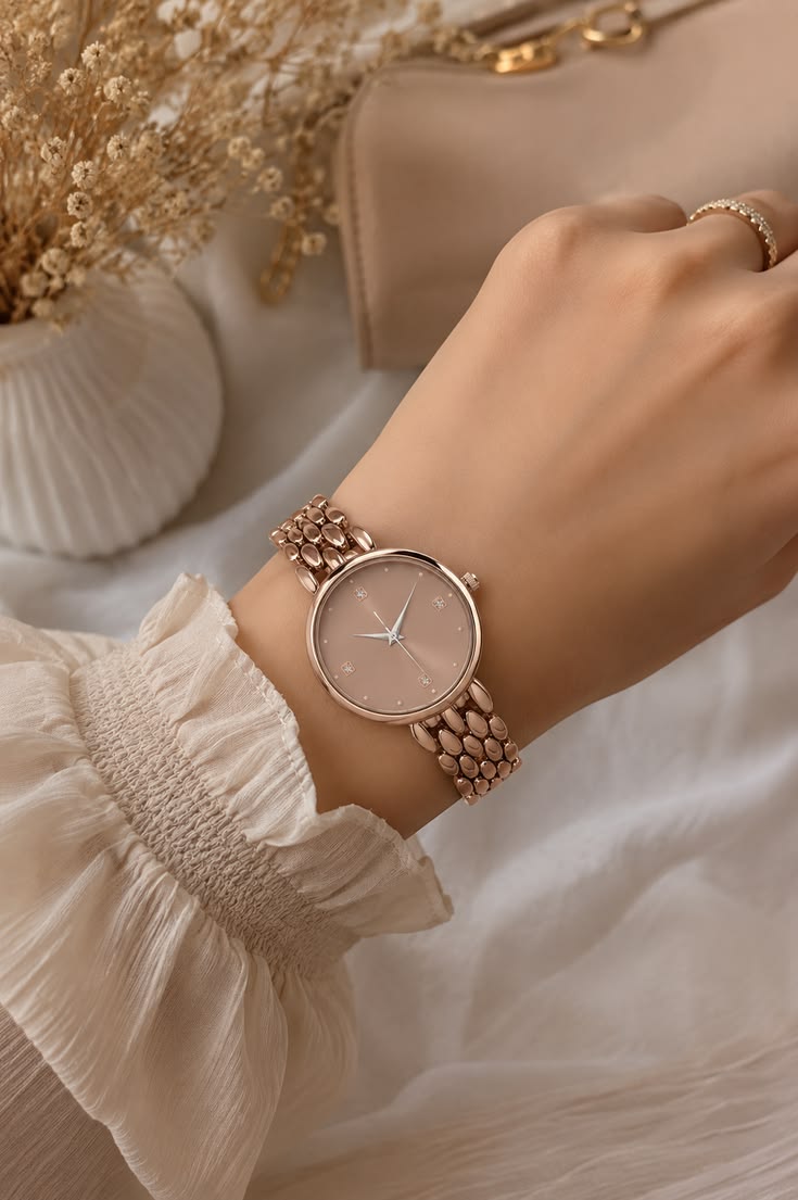 Luxury Rose Gold Minimalist Watch with Beaded Mesh Bracelet